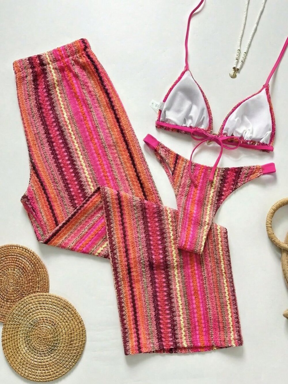 Pink And Orange Casual Womens Summer Striped Bikini Set - Picture 2 of 6